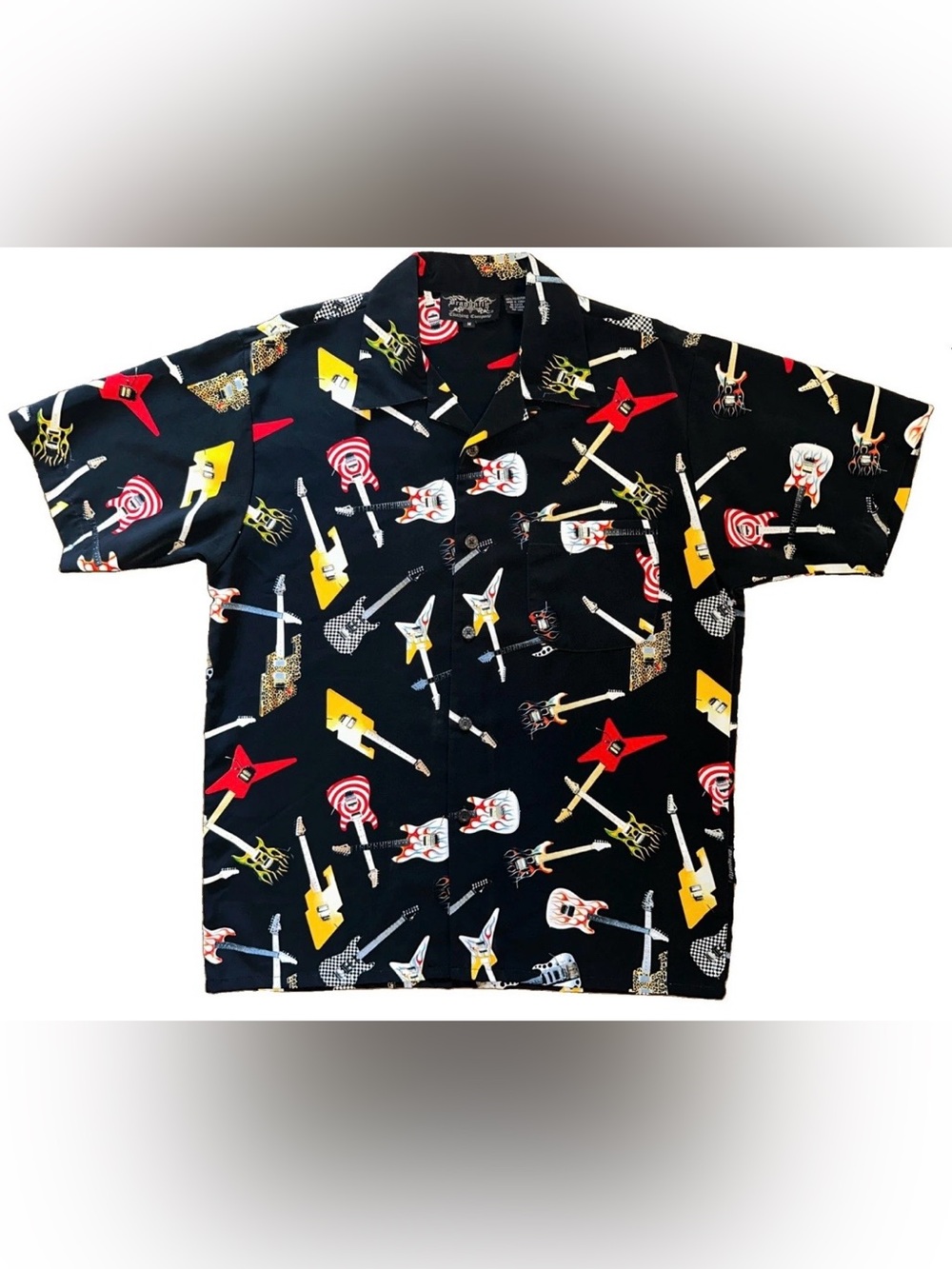 Dragonfly Mens M Short Sleeve Button Down Camp Shirt AOP Guitar  Punk Retro